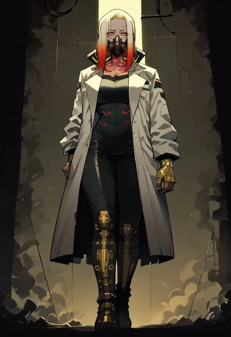 safe_pos, score_9, score_8_up, score_8, score_7_up, score_7, score_6_up, score_6, score_5_up, score_5,tall,woman,cyber lab coat,big tits,red eyes,long hair,((multicolored straight hair)),long boots,latex gloves,milf,scars,black and gold color scheme,ratatatat,sinozick style,flat color, dark theme,gasmask,gas,bloodstraight hair,full body,cyberpunk,anime,