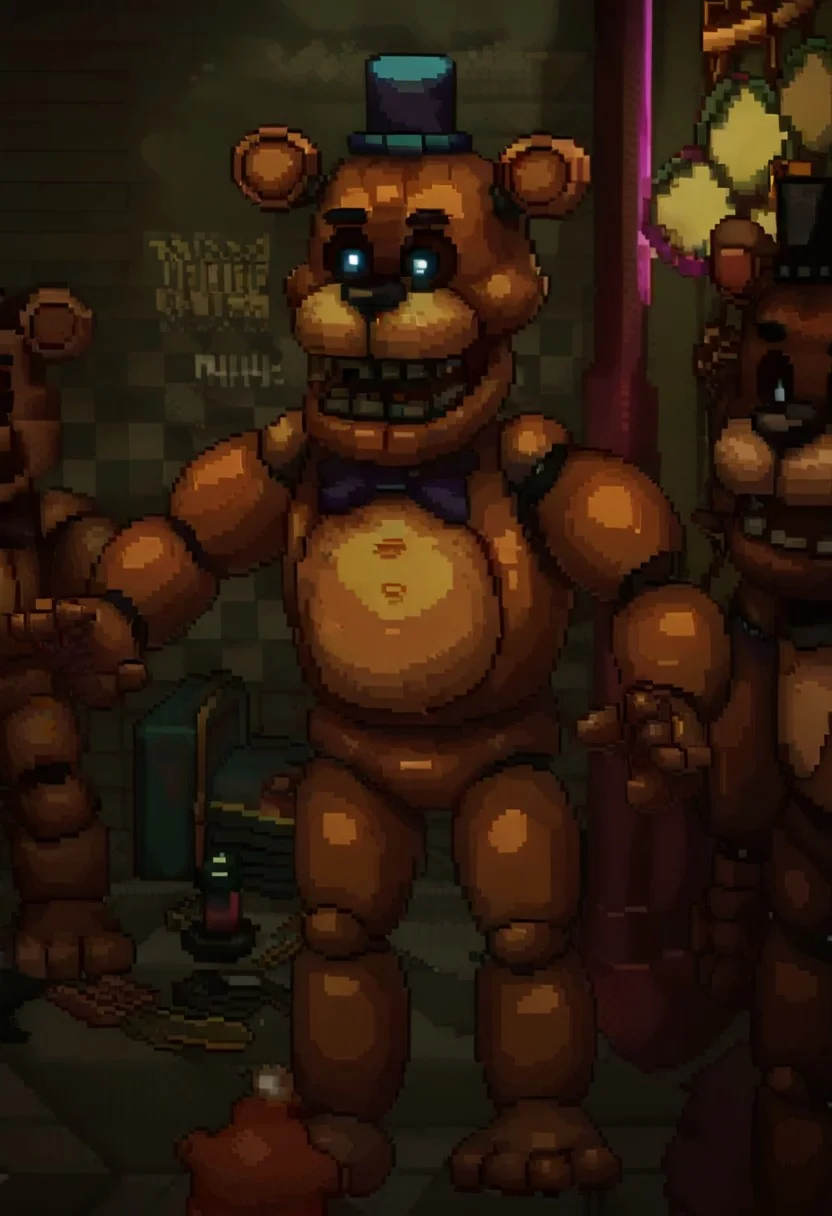 score_9, score_8, mikus-concept, freddy, bear ears, top hat,pixel art, game assets, overworld,