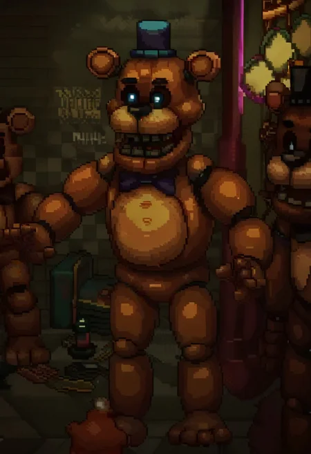 score_9, score_8, mikus-concept, freddy, bear ears, top hat,pixel art, game assets, overworld,