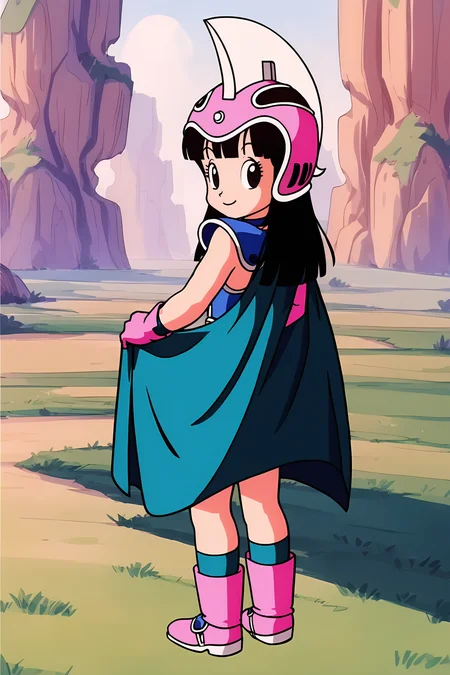 source_anime, score_9, score_8_up, score_7_up, anime screencap,8k, absurdres,
chi-chi, blue outfit, female child, 1girl, solo, looking at viewer, smile, black hair, standing, boots, outdoors, looking back, from behind, armor, black eyes, helmet, shoulder armor, pauldrons, pink footwear, pink headwear, pink gloves, green cape, 1980s \(style\), anime coloring, grass, blue choker, eyelashes, green armwear,
<lora:chichidb_pony_v2:0.8>