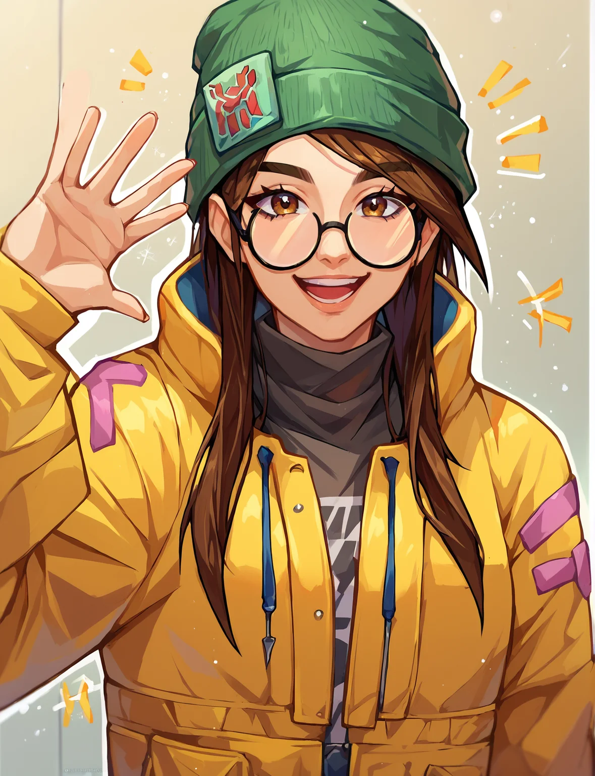 score_9,   score_8_up, score_7_up, 
 KJValER, score_9, 1girl, green beanie,  yellow jacket, circle glasses, , looking at viewer,  happy, waving, brown eyes
 <lora:Killjoy_Valorant-000007:0.8>