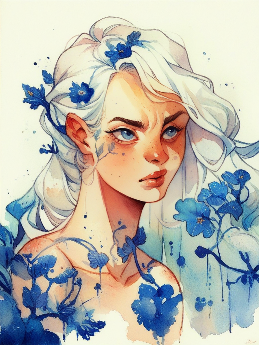 score_9, score_8_up, score_7_up, score_6_up, <lora:blu31nk:0.7> blu31nk, solo, 1girl, white hair, traditional media, watercolor, white background, white and blue, blue vines and floral,