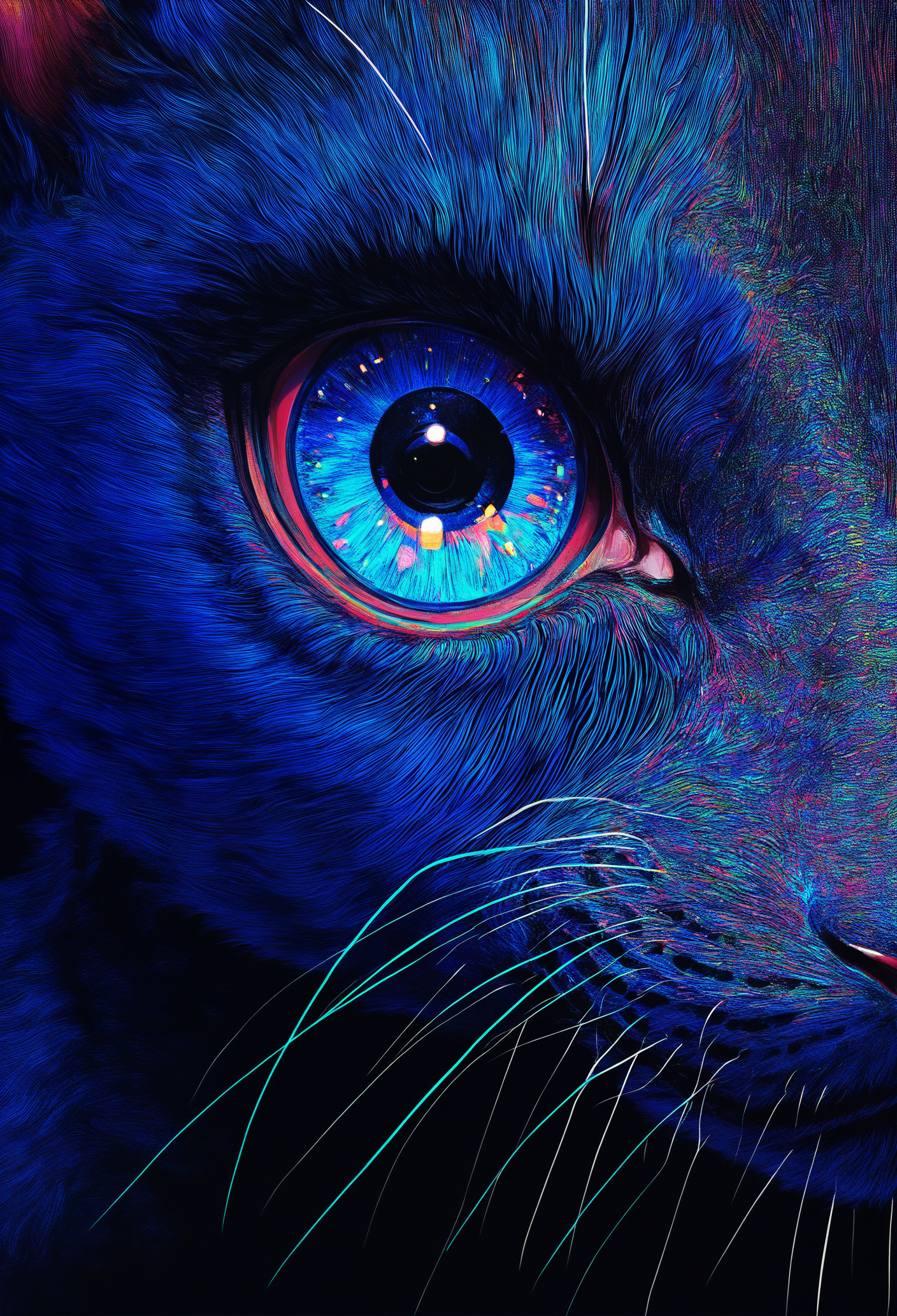 masterpiece, best quality, good quality, very awa, newest, highres, absurdres,, solo, looking_at_viewer, blue_eyes, no_humans, cat, close-up, realistic, eye_focus, dithering, psychedelic,surreal, vivid colors,cowboy shot,dutch angle,painterly,