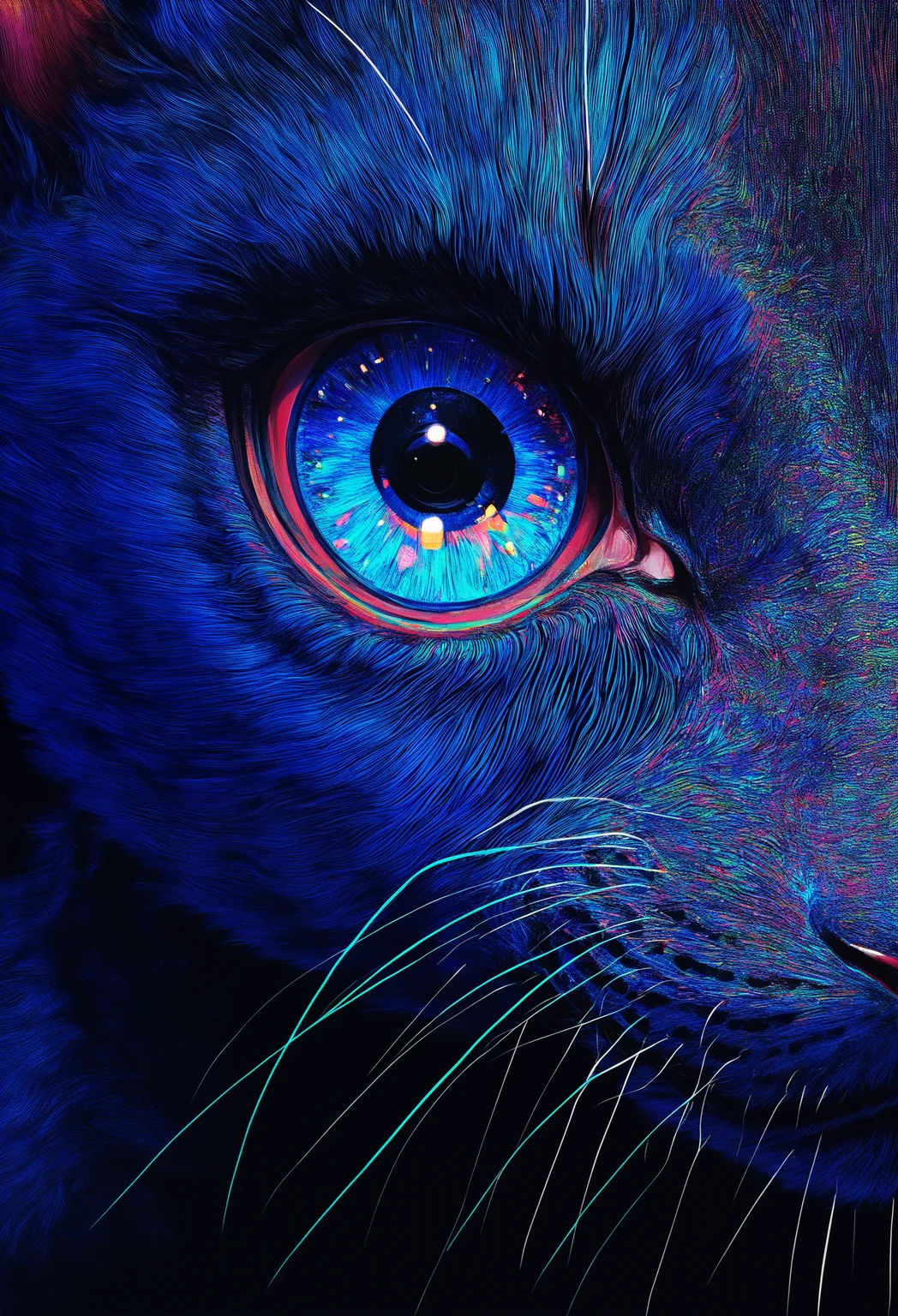 masterpiece, best quality, good quality, very awa, newest, highres, absurdres,, solo, looking_at_viewer, blue_eyes, no_humans, cat, close-up, realistic, eye_focus, dithering, psychedelic,surreal, vivid colors,cowboy shot,dutch angle,painterly,