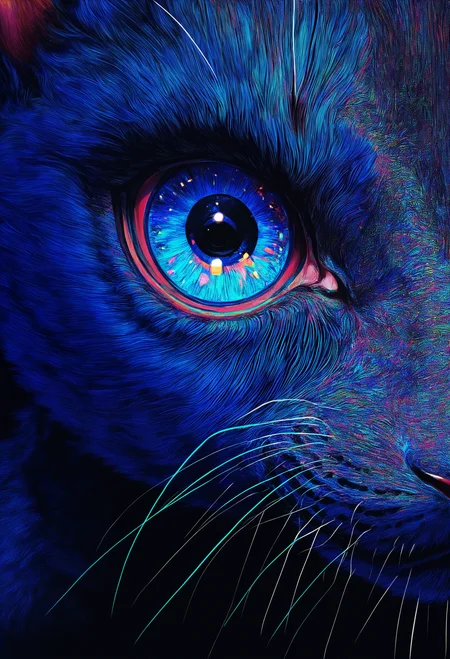 masterpiece, best quality, good quality, very awa, newest, highres, absurdres,, solo, looking_at_viewer, blue_eyes, no_humans, cat, close-up, realistic, eye_focus, dithering, psychedelic,surreal, vivid colors,cowboy shot,dutch angle,painterly,