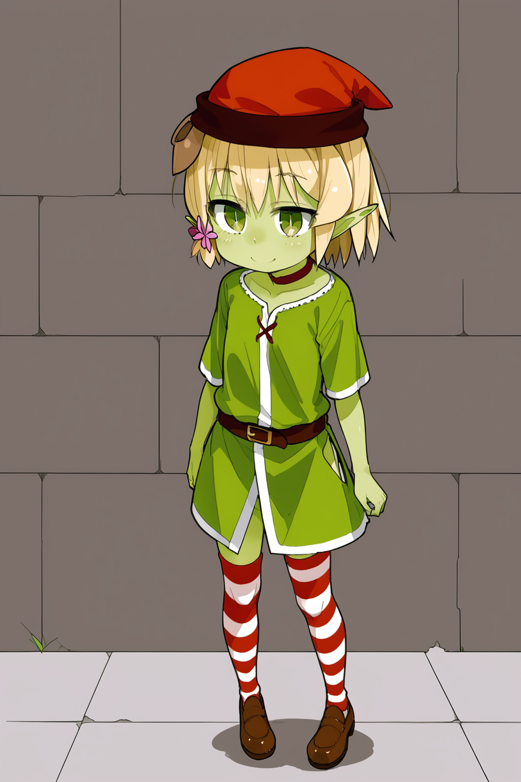 wasabi,yellow hair,green eyes,green skin,colored skin,pointy ears,goblin girls,red hat,1girl,solo,flower,short hair,<lora:wasabi:0.7>,full body,striped thighhighs,brown shoes,standing,light smile,