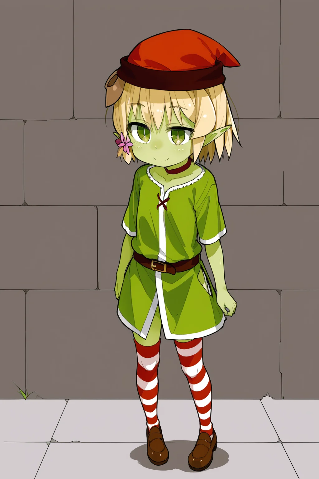 wasabi,yellow hair,green eyes,green skin,colored skin,pointy ears,goblin girls,red hat,1girl,solo,flower,short hair,<lora:wasabi:0.7>,full body,striped thighhighs,brown shoes,standing,light smile,