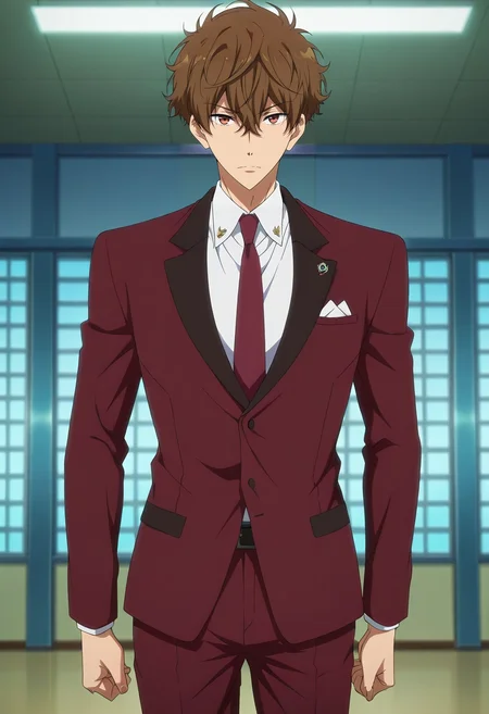 masterpiece, best quality, , anime screencap, anime coloring, official style, looking at viewer, 1boy, solo, male focus, <lora:natsuya_kirishima_ilxl:0.92>, natsuya_kirishima, brown hair, brown eyes, short hair, hair between eyes, bangs, , suit trousers,