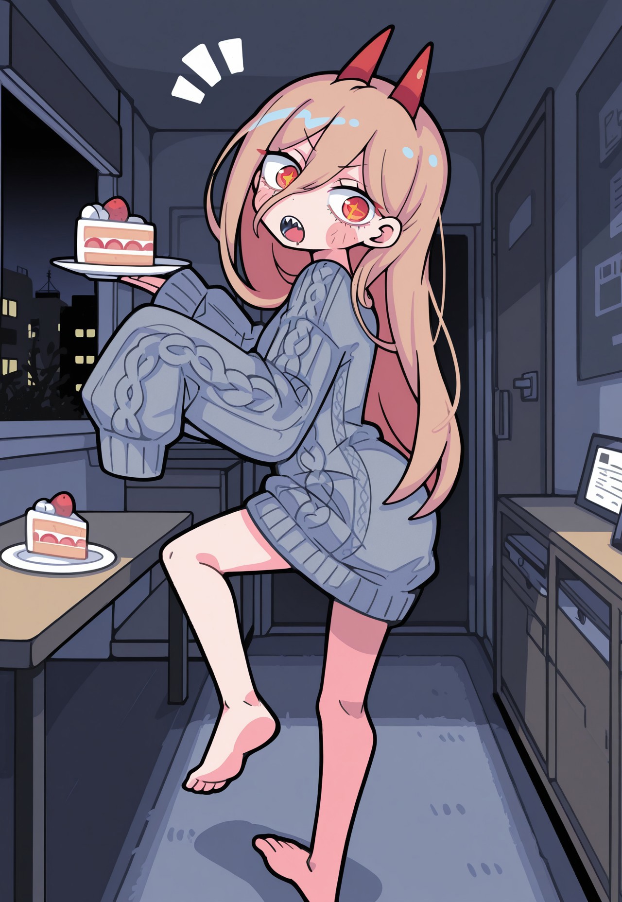 terad4_illu, perspective, solo, power \(chainsaw man\), androgynous, turning head, holding plate, arched back, [dynamic pose], foot up, head tilt, cake slice,
bowlegged pose, looking at cake, sweater dress, knit sweater, sleeves past wrists, sleeves past fingers, baggy clothes, oversized clothes,
:o, sharp teeth, notice lines, v-shaped eyebrows, wide-eyed, + +,
night, apartment, table, kokatsu,
traditional media, best quality, absurdres