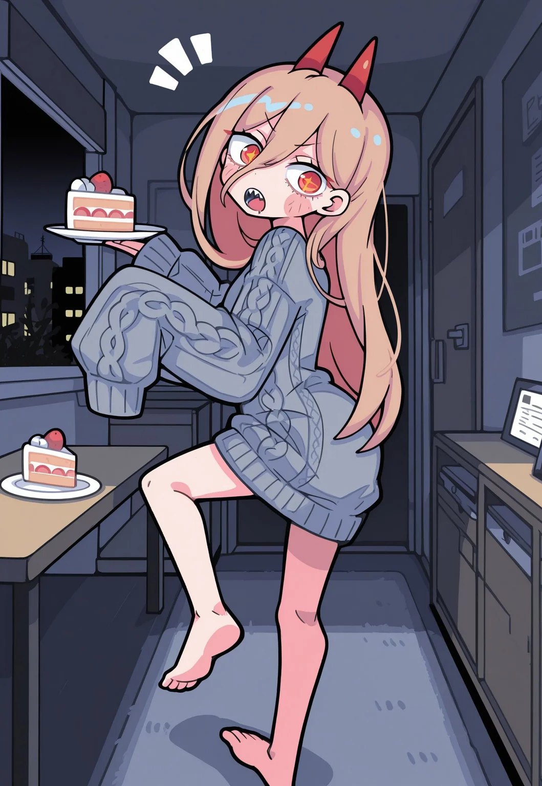 terad4_illu, perspective, solo, power \(chainsaw man\), androgynous, turning head, holding plate, arched back, [dynamic pose], foot up, head tilt, cake slice,
bowlegged pose, looking at cake, sweater dress, knit sweater, sleeves past wrists, sleeves past fingers, baggy clothes, oversized clothes,
:o, sharp teeth, notice lines, v-shaped eyebrows, wide-eyed, + +,
night, apartment, table, kokatsu,
traditional media, best quality, absurdres