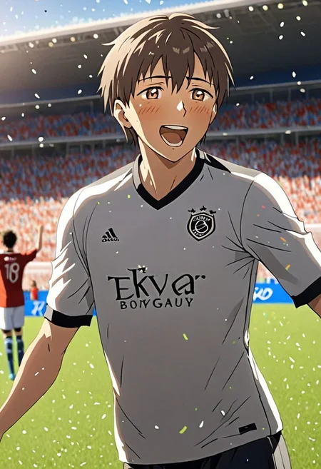 high resolution, solo, best quality, 1Boy, Takaki Toono, Brownish Hair, Brown Eyes, soccer player, field, portraits, sport photography, celebration, OverallDetail