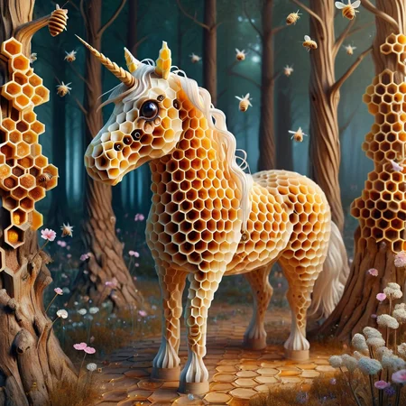 A unicorn made out of honeycomb, in a honeycomb forest, fantastical, whimsical, cute, big eyes   <lora:Honeycomb_Morph-000007:0.8>