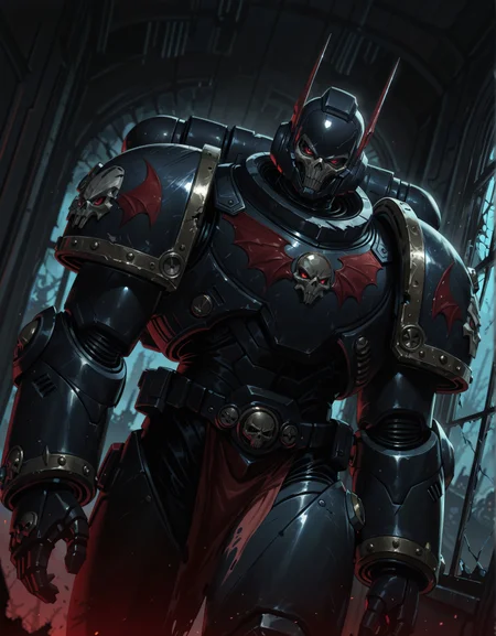 masterpiece, best quality,high quality, newest, highres,8K,HDR,absurdres, NightL40K, 1boy, power armor, helmet, broken window, silhouette, creepy, backlit, haunted, dutch angle, red eyes, dark interior, solo, close up, mid shot, dutch angle, <lora:ILLNightL40K:1>