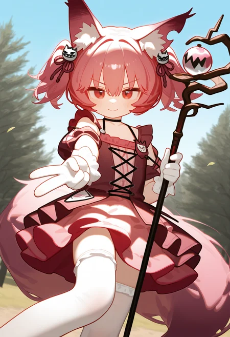 omo-omo2, omo-socratesax, 1girl, solo, animal ears, holding, tail, gloves, white thighhighs, fox ears, outdoors, thighhighs, fox tail, twintails, white gloves, pink hair, looking at viewer, v-shaped eyebrows, holding staff, fox girl, animal ear fluff, smile, sky, day, blush, closed mouth, choker, holding wand, staff, black choker, pink skirt, blue sky, dress, tree, red eyes, magical girl, wand, skirt, shamare \(arknights\),,masterpiece,best quality,newest,absurdres,highres,very awa,detail background