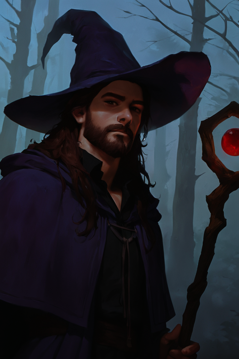 masterpiece, best quality, highres, newest, concept art, realistic, low light, dark, 1boy, solo, male focus, mature male, wizard, long hair, brown hair, black eyes, looking at viewer, hat, facial hair, beard, mustache, staff, wizard hat, purple hat, black shirt, collared shirt, robe, purple robe, hooded cloak, holding, holding staff, upper body, closed mouth, standing, outdoors, forest, nature, tree, fog, dark background <lora:Concept Art Darkness [LoRA] - NoobAI-XL EPS 1.0:0.8>