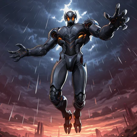 masterpiece, best quality, amazing quality, official style, ultronriv4ls, male, solo, humanoid, robot, grey body, orange eyes, claws, 2toes, red accent, orange accent, neon trim, in air, floating, reaching out, outdoors, dark clouds, rain