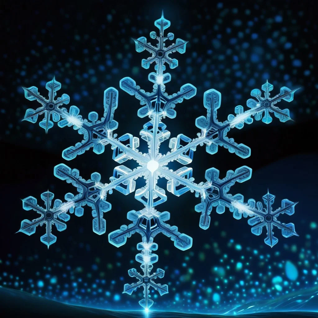 (vertical cascading streams of glowing snowflake forming shape of human embryo:2)