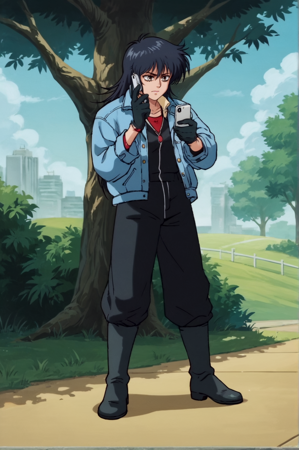 score_9, score_8_up, score_7_up,anime_source, source_anime, best background, detailed background, anime screencap,  Mikawa, black gloves, jacket, boots, phone, call,  outdoors, solo, tree, <lora:JN_Angel_Mikawa:0.8>