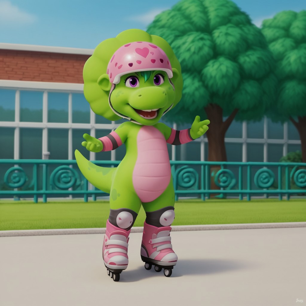 score_9, score_8_up, score_7_up, score_6_up, score_5_up, score_4_up, source_furry, bopbw, semi-anthro, female, dinosaur, green skin, green hair tuft, purple eyes, pink helmet, elbow pads, knee pads, roller skates, outside, skating,