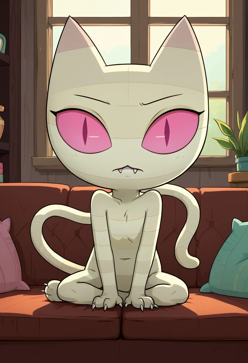 score_9, score_8_up, score_8, <lora:Me-Mow_Adventure_Time_for_PonyXL:0.8> 1girl, cat girl, mem0w, wrappings, young, short, tail, pink eyes, slit pupils, sitting on couch, living room, window,