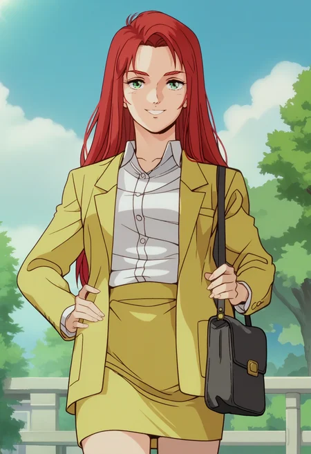 score_9, score_8_up, score_7_up, score_6_up, anime screencap, anime coloring, <lora:G0080CMV1_epoch_8:0.9>, G0080CM, red hair, green eyes, long hair, breasts,
suit, yellow jacket, open jacket, collared shirt, yellow skirt, pencil skirt, shoulder bag,
looking at viewer, smile, cowboy shot, hand on own hip,
BREAK, outdoors, blue sky, sky, sunbeam, tree, town,