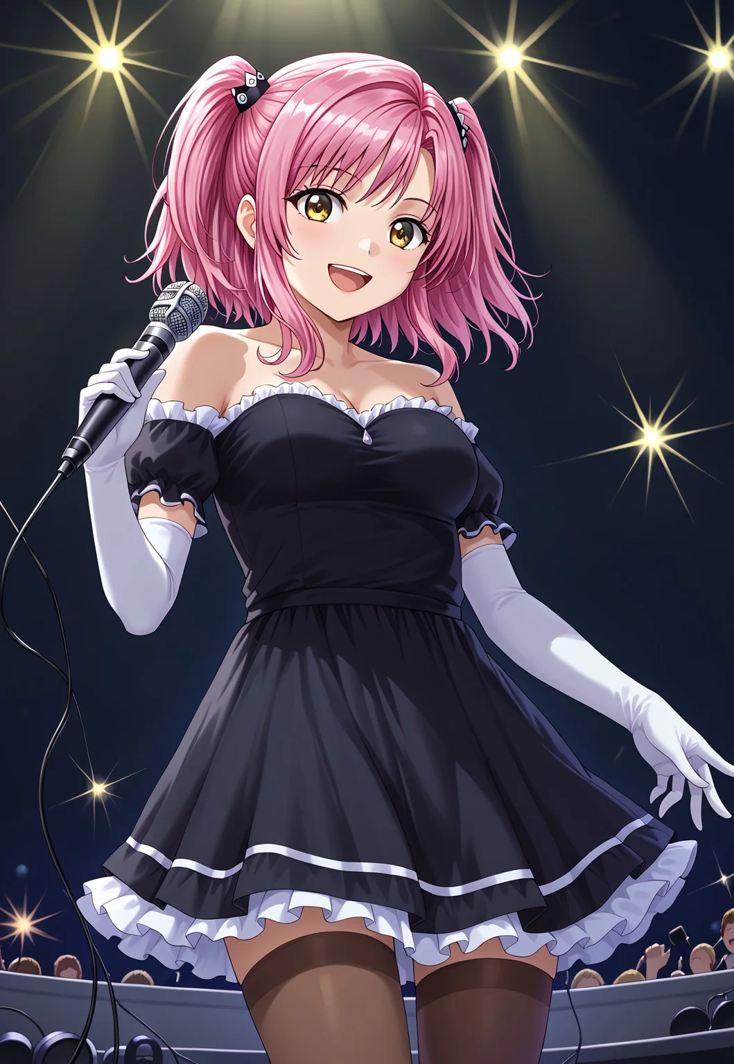 safe_pos, (masterpiece:1.3), (high quality:1.3),(1girl:agc-lisa,yellow eyes,pink hair,twintails,rabit hair ornament,black dress,off-shoulder_dress,white elbow gloves ,brown thighhighs,medium breasts,smile,white line skirt,strapless,bare shoulder,)microphone,singing,stage,