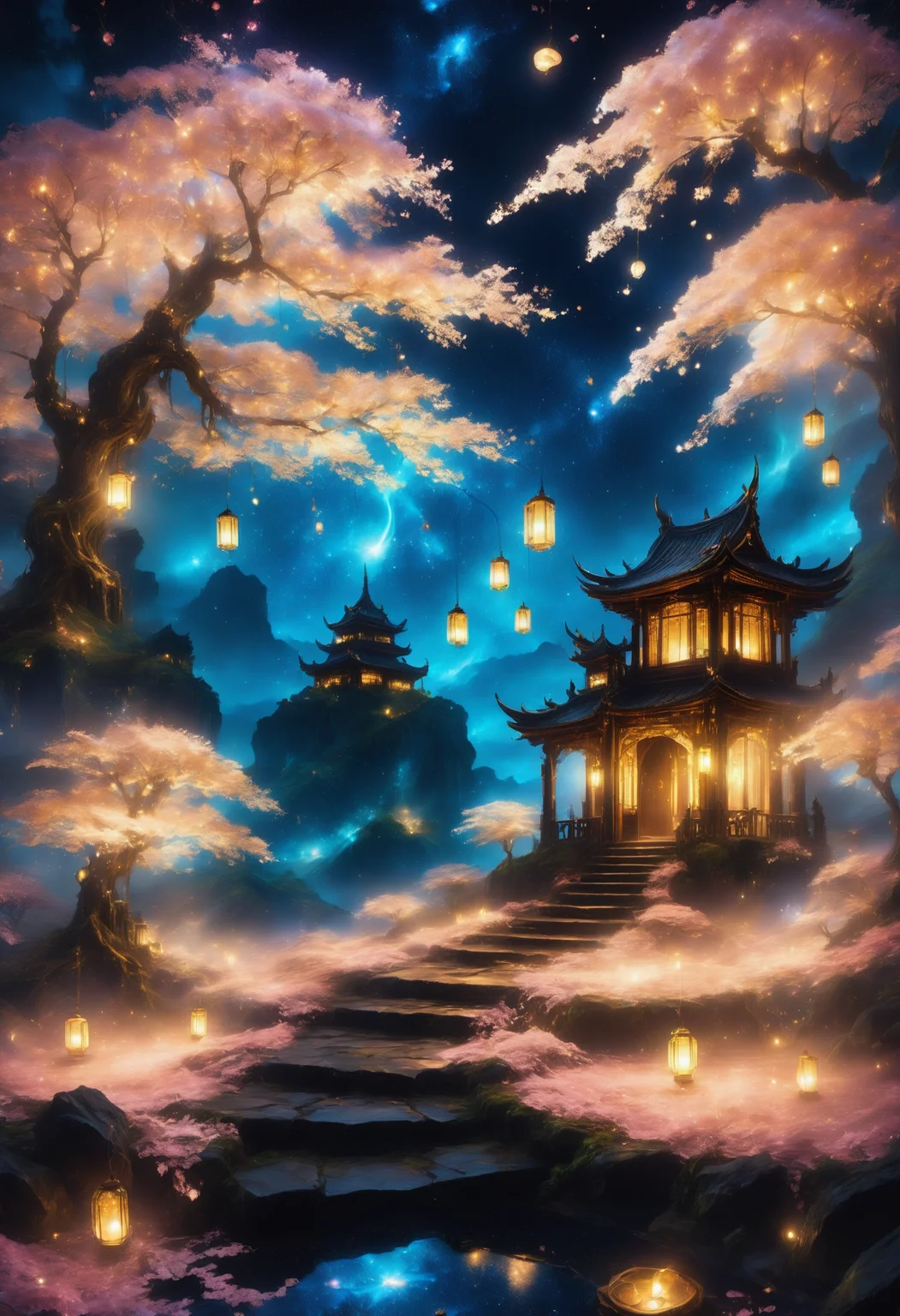 a fairytale fantasy landscape with cherry blossoms and wishlanterns in the sky by starLS <lora:stardustlandscapes-000006:1> <lora:SDXLFaeTastic2400:0.5>