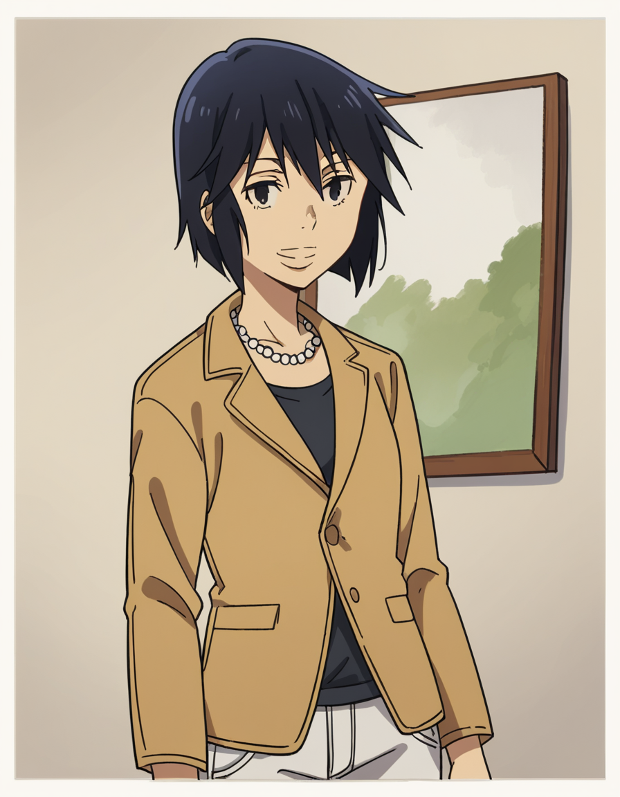 score_9, score_8_up, score_7_up, source_anime, <lora:sachiko-fujinuma-s1-ponyxl-lora-nochekaiser:1>, sachiko fujinuma, short hair, black hair, black eyes,, jewelry, jacket, pants, necklace,, museum, art exhibit, paintings, observing, quiet contemplation, cultural experience, smile, , hand making an OK sign, solo,, cowboy shot, dutch angle