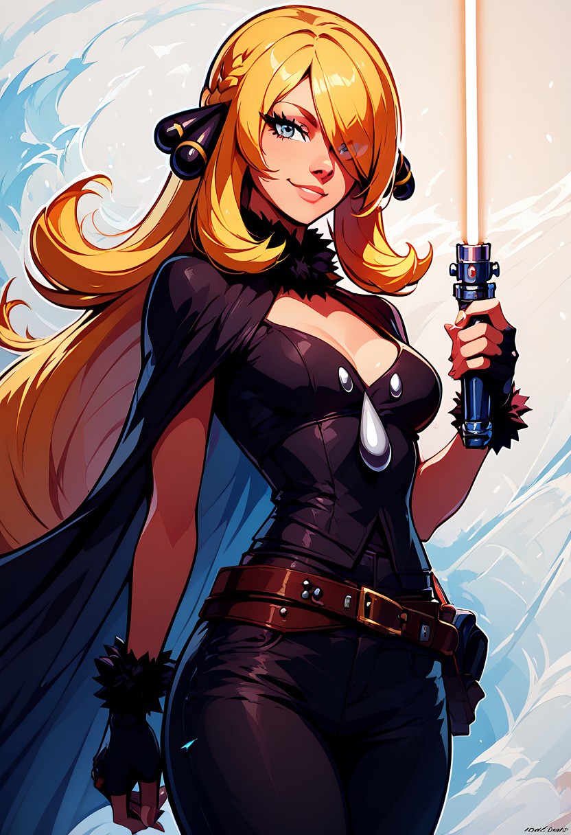 score_9, score_8_up, score_8, medium breasts, (curvy), cute, eyelashes,     
BREAK,
, breasts, looking at viewer, smile,
zzCynthia, solo, 1girl,  blonde, long hair, 
, holding, medium breasts, weapon, braid, cowboy shot, belt, pants, sword, fingerless gloves, cape, holding weapon, holding sword, black pants,  lightsaber, zzLightSaber, 
BREAK,
smile, looking at viewer, 
abstract background, white outline,
zPDXL,
