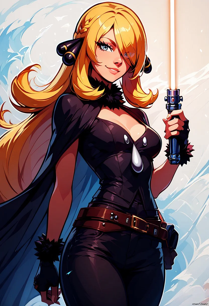 score_9, score_8_up, score_8, medium breasts, (curvy), cute, eyelashes,
BREAK,
, breasts, looking at viewer, smile,
zzCynthia, solo, 1girl, blonde, long hair,
, holding, medium breasts, weapon, braid, cowboy shot, belt, pants, sword, fingerless gloves, cape, holding weapon, holding sword, black pants, lightsaber, zzLightSaber,
BREAK,
smile, looking at viewer,
abstract background, white outline,
zPDXL,