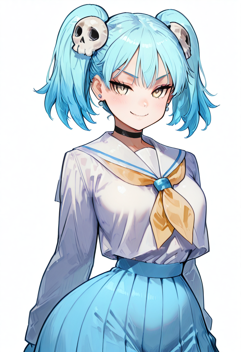 masterpiece, best quality, wide hips, narrow waist, (tsurime), zzIzutsumi, yellow eyes, blue hair, short hair, twintails, short twintails, hair ornament, skull hair ornament, jewelry, earrings, choker, school uniform, serafuku, sailor collar, yellow neckerchief, blue skirt, pleated skirt, skirt,   <lora:IzutsumiMarin_NinKoro_IXL_v1:1.0>,, smile, looking at viewer, cowboy shot,  <lora:IckpotIXL_v1:1.0>,