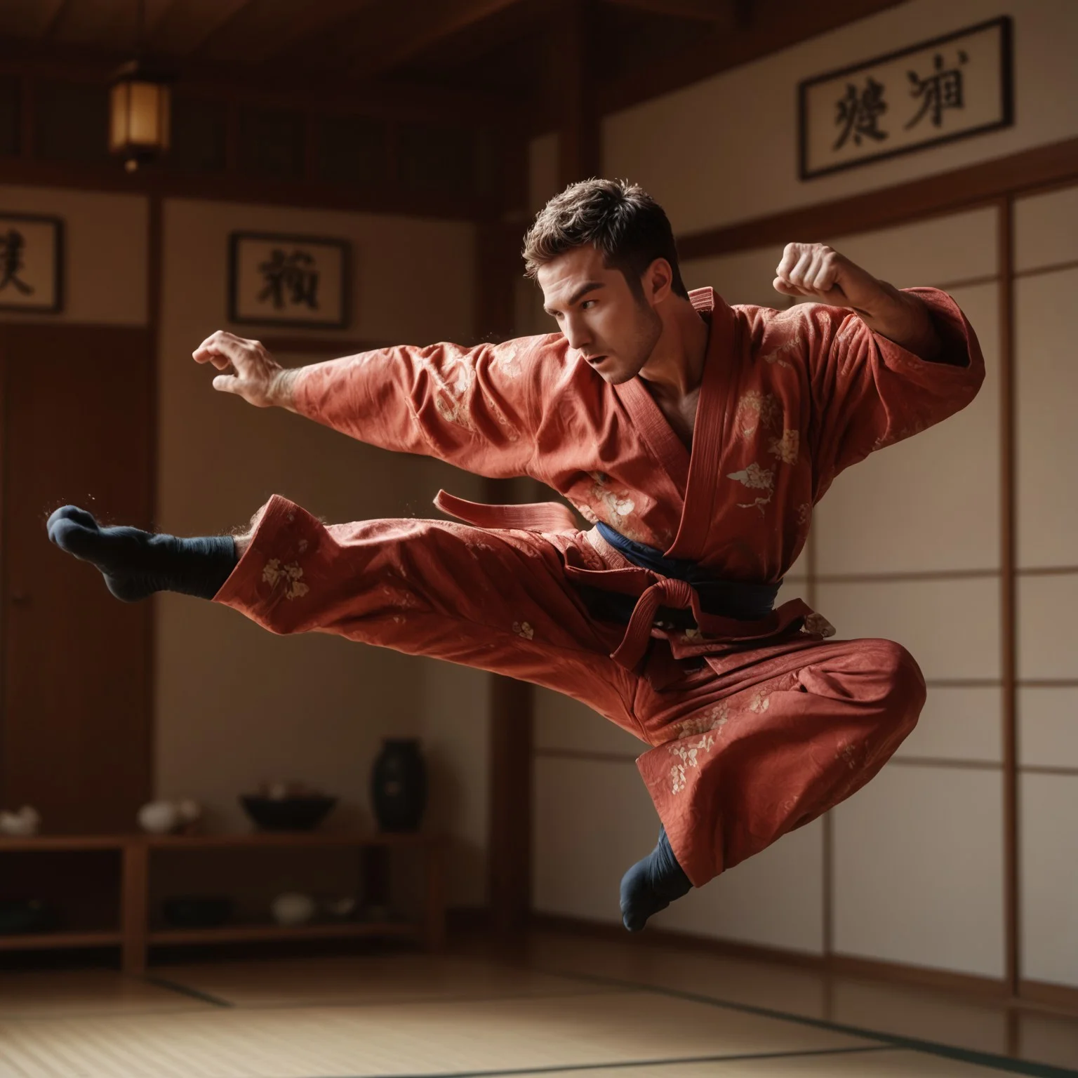 (((score_9, score_8_up, score_7_up))), ((( highly detailed, masterpiece, perfect, detailed, hd, )))
,
((( Jumkicmb, jumping, flying kick, kicking )))
,
((( 1boy, solo, kimono, handsome, short hair )))
,
((( )))
,
((( Indoors, dojo )))
,
((( Best view )))
,
(( ))
,
((( )))
,
()