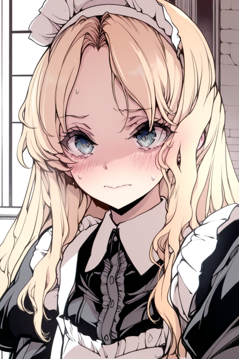 masterpiece, best quality, amazing quality,
 <lora:Okito_IL:1> okito, 1girl, blush, solo, blonde hair, sweat, maid headdress, maid, long hair, closed mouth, blue eyes