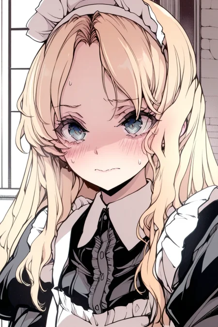 masterpiece, best quality, amazing quality,
 <lora:Okito_IL:1> okito, 1girl, blush, solo, blonde hair, sweat, maid headdress, maid, long hair, closed mouth, blue eyes
