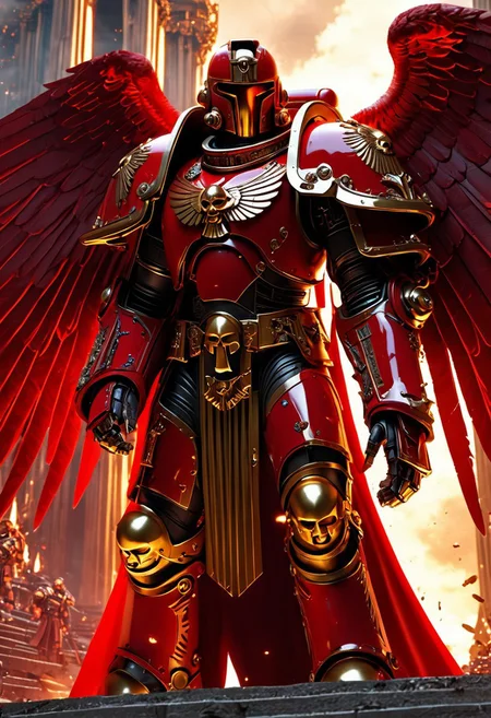 A great, imposing warrior, wearing crimson armor with gold details, Warhammer 40k style, blood angels chapter, angels wings on his back, standing in front of a great golden gate, glowing light, flames in the background, cloudy sky, moody light, by H.R Giger, 4k resolution digital art trending on Artstation and unreal engine 5, hyperrealism, full body shot, glowing eyes, cinematic, epic, masterpiece, surreal, fantasycore, hyperdetailed, ultra realistic, octane render, volumetric lighting, depth of field, bokeh, 8 <lora:Details:0.85>