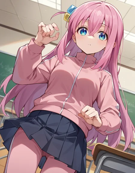 score_9, score_8_up, score_7_up, source_anime, hitorigotou, <lora:hitori-gotou-ponyxl-lora-nochekaiser:1>, hitori gotou, blue eyes, cube hair ornament, hair between eyes, hair ornament, pink hair, one side up, long hair, black skirt, jacket, long sleeves, pants, pants under skirt, pink jacket, pink pants, pleated skirt, skirt, track jacket, track pants, track suit, indoors, classroom, looking at viewer, cowboy shot, dutch angle, dynamic pose,