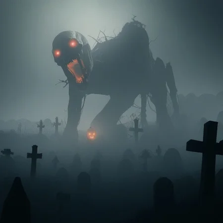 source_anime, source_game, score_9, score_7_up, (CR33P1NGF0G, fog), Scream_(movie), (ghostface), fog, dark, night, haze, 1man, skeletal, long jaw, sharp teeth, ooze, slime, scenery, cemetary, open grave, dirt, headstones, monolith, graveyard, tomgbstone, monster, red eyes, glowing, detailed, the_witcher_3 , detailed background, (halloween), jack_o'lantern
