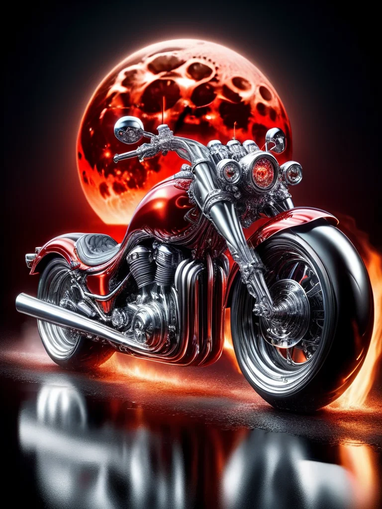ral-chrome, motorcycle, with red hot exhaust, skeleton with chrome gear riding the bike, burnout with flames on the road, at night, red full moon background <lora:ral-chrome-sdxl:1>