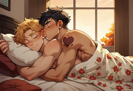 score_9, score_8_up, score_7_up, 2boys, in bed, snuggling under blankets, cuddling, kissing cheek, love, boyfriends, small love hearts, tattoos, masterpiece, skinny, floral blanket , pillows, handsome, cute face, golden hair, black hair, eyes closed, messy hair, blushing, frosty window, dark, sunset through window, autumn, cosy bedroom,