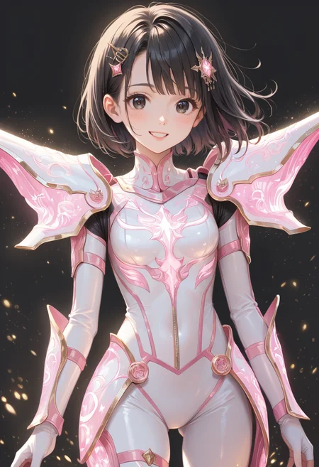 score_9, score_8_up, score_7_up, source_anime, masterpiece, best quality, perfect anatomy, very aesthetic, ((outlined outlined vector graphics)),no norm,
, cute face, (glow eyes:0.8), glittering, glimmering,front view, black background, cowboy shot, smile,
1girl, solo, 20yo, black hair, black eyes, short bob hair, hair pin,small breast, slender,(white thigh strap:1.1), bodysuit, glowing, nature, skin tight, freckles,, holy armor, pink bodysuit,pink holy light armor, pink holy light, pink holy light legs, fantasy <lora:holy-light-armor-01:1>