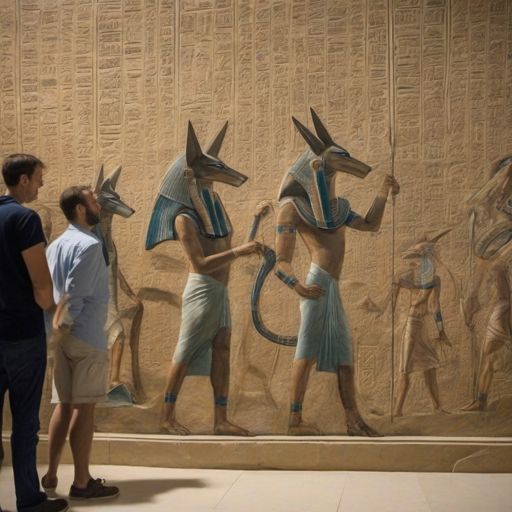turists visiting the cairo museum seeing an egyptian tomb mural of a    <lora:stargateJackal-SDXL:1.0> stargateJackal,