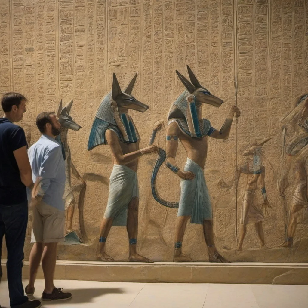 turists visiting the cairo museum seeing an egyptian tomb mural of a    <lora:stargateJackal-SDXL:1.0> stargateJackal,