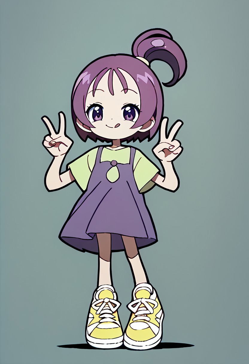 score_9, score_8_up, score_7_up BREAK Onpu1, 1girl, purple hair, bob cut, ponytail, purple eyes, sleeveless purple dress, short-sleeve light green shirt, yellow white sneakers, tongue out, smile, hands peace sign, full body,