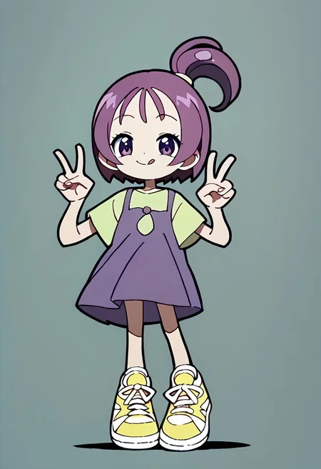 score_9, score_8_up, score_7_up BREAK Onpu1, 1girl, purple hair, bob cut, ponytail, purple eyes, sleeveless purple dress, short-sleeve light green shirt, yellow white sneakers, tongue out, smile, hands peace sign, full body,