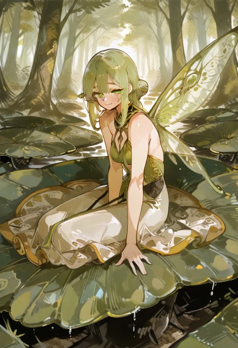 masterpiece, absurdres, newest, best quality, amazing quality, very aesthetic, matching eyes, 1girl, green and yellow theme, fairy girl, miniwoman, layed down, long hairstyle, detailed eyes, fairy wings, pretty, amazingly detailed eyes, green eyes, medium breasts, skinny girl, layed down to the side, dress, flowing dress, detailed dress, close-up intimate view, slight smile, focused character, dynamic lighting, forest background, huge forest, sitting on huge leaf, detailed background, female model face, perfect detailed face, houtushouhuifengge, 748cmstyle, usnr, <lora:748cmSDXL:0.6> <lora:USNR STYLE_XL_loha:0.7> <lora:ponyv5_noobV065S_1_adamW:0.7> <lora:kafu Illustrious-XL:0.7> <lora:add-detail-xl:0.9> <lora:DetailedEyes_V3:0.8>