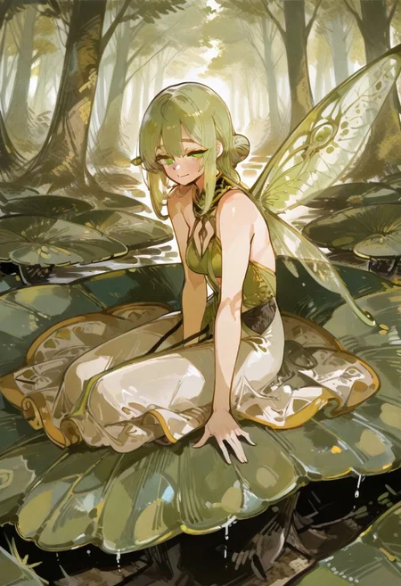 masterpiece, absurdres, newest, best quality, amazing quality, very aesthetic, matching eyes, 1girl, green and yellow theme, fairy girl, miniwoman, layed down, long hairstyle, detailed eyes, fairy wings, pretty, amazingly detailed eyes, green eyes, medium breasts, skinny girl, layed down to the side, dress, flowing dress, detailed dress, close-up intimate view, slight smile, focused character, dynamic lighting, forest background, huge forest, sitting on huge leaf, detailed background, female model face, perfect detailed face, houtushouhuifengge, 748cmstyle, usnr, <lora:748cmSDXL:0.6> <lora:USNR STYLE_XL_loha:0.7> <lora:ponyv5_noobV065S_1_adamW:0.7> <lora:kafu Illustrious-XL:0.7> <lora:add-detail-xl:0.9> <lora:DetailedEyes_V3:0.8>