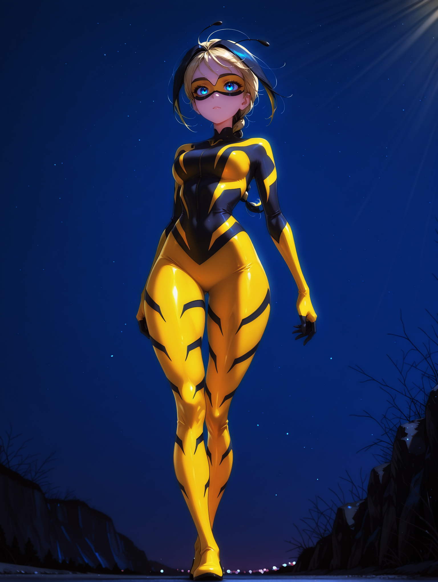 masterpiece, very aesthetic, best quality, hiper-detailed, intricate details, dynamic light, dramatic light, rich colors, 19 years old, dark, darkness, night, medium breast, thick thighs, wide hips, solo, fit body, full body, imtdvesperia, 1girl, mask, bodysuit, domino mask, blue eyes, blonde hair, black hair, braid, long hair, multicolored hair, single braid, two-tone hair, gloves, antennae, yellow bodysuit, skin tight, beautiful landscape, detailed background