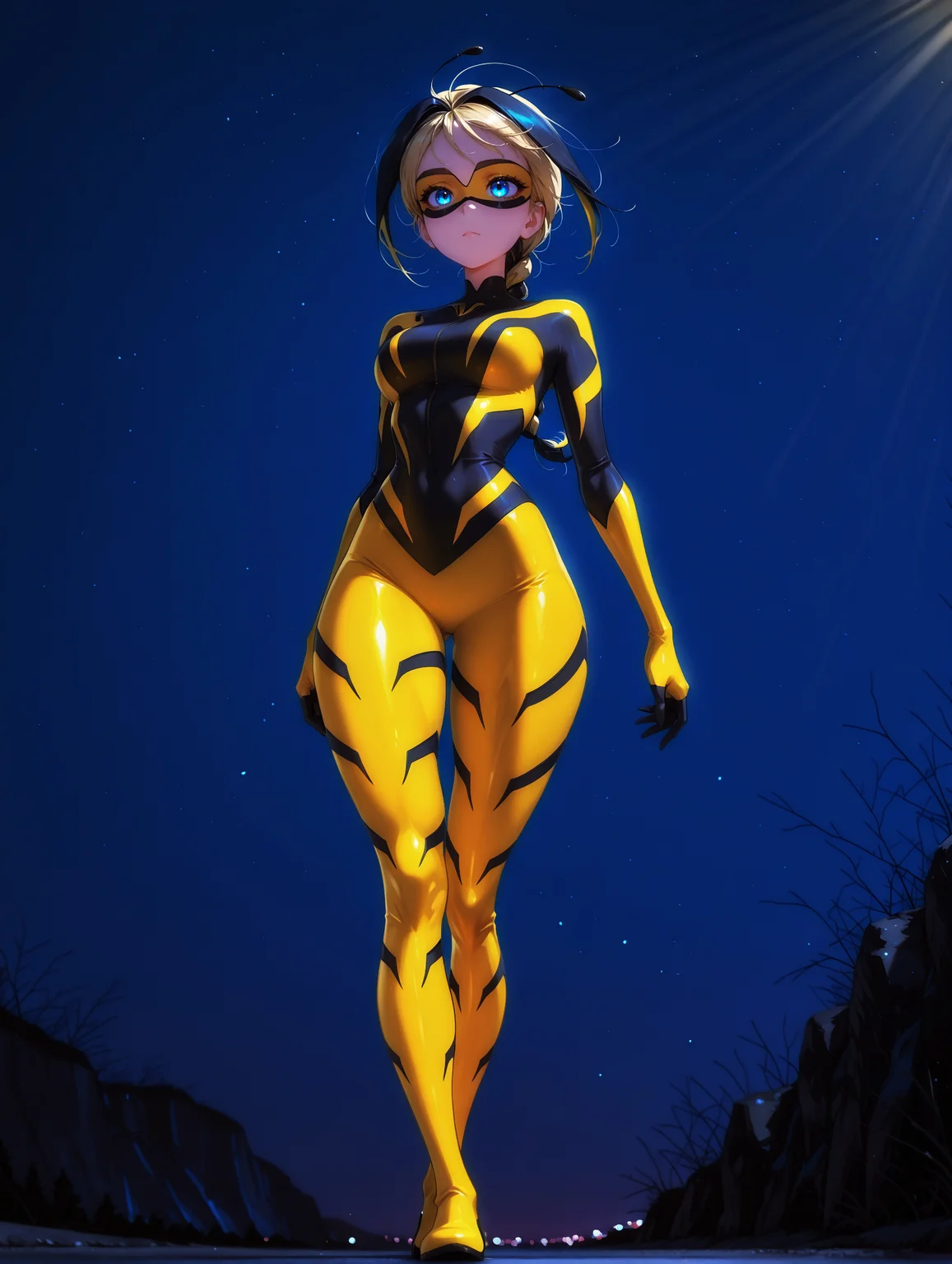 masterpiece, very aesthetic, best quality, hiper-detailed, intricate details, dynamic light, dramatic light, rich colors, 19 years old, dark, darkness, night, medium breast, thick thighs, wide hips, solo, fit body, full body, imtdvesperia, 1girl, mask, bodysuit, domino mask, blue eyes, blonde hair, black hair, braid, long hair, multicolored hair, single braid, two-tone hair, gloves, antennae, yellow bodysuit, skin tight, beautiful landscape, detailed background