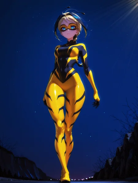 masterpiece, very aesthetic, best quality, hiper-detailed, intricate details, dynamic light, dramatic light, rich colors, 19 years old, dark, darkness, night, medium breast, thick thighs, wide hips, solo, fit body, full body, imtdvesperia, 1girl, mask, bodysuit, domino mask, blue eyes, blonde hair, black hair, braid, long hair, multicolored hair, single braid, two-tone hair, gloves, antennae, yellow bodysuit, skin tight, beautiful landscape, detailed background