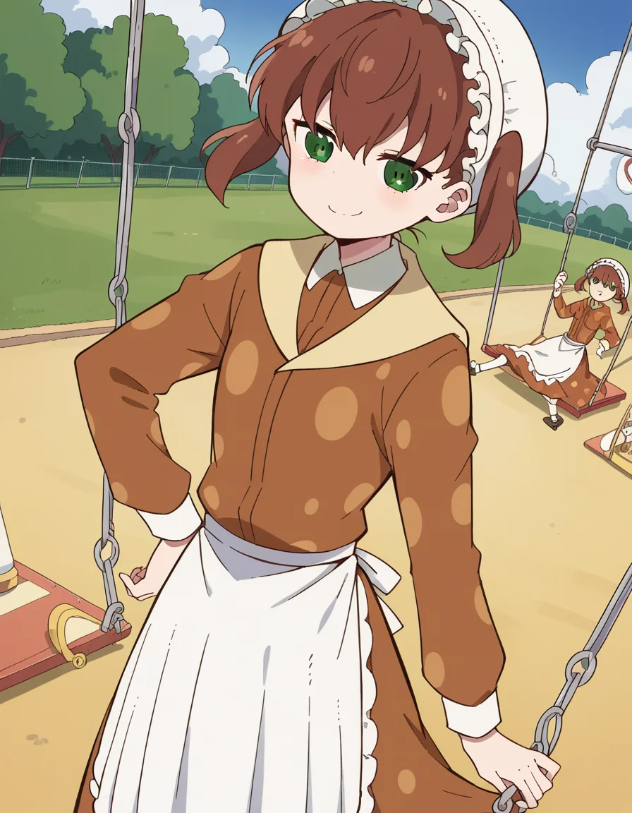 score_9, score_8_up, score_7_up, source_anime, <lora:nae-saikawa-s2-ponyxl-lora-nochekaiser:1>, nae saikawa, bangs, brown hair, hair between eyes, twintails, green eyes,, skirt, shirt, long sleeves, hat, collared shirt, apron, white headwear, polka dot, waist apron, white apron, frilled apron, brown shirt,, public park, playground, swing set, laughter, sunny day, smile, , smug, hand on hips,, solo,, dutch angle,